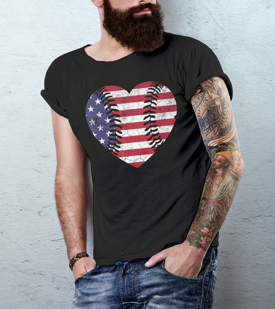 4th Of July American Flag Baseball Heart T-Shirt