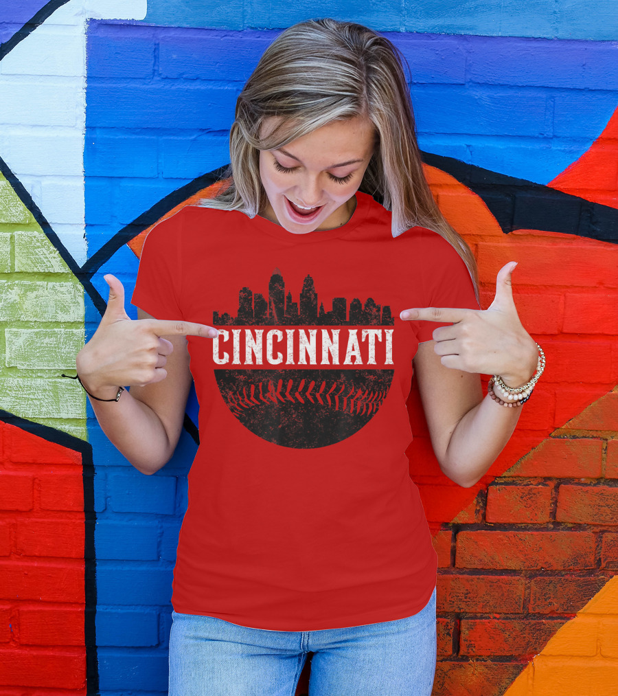 Cincinnati Ohio Skyline With Baseball Seam T-Shirt