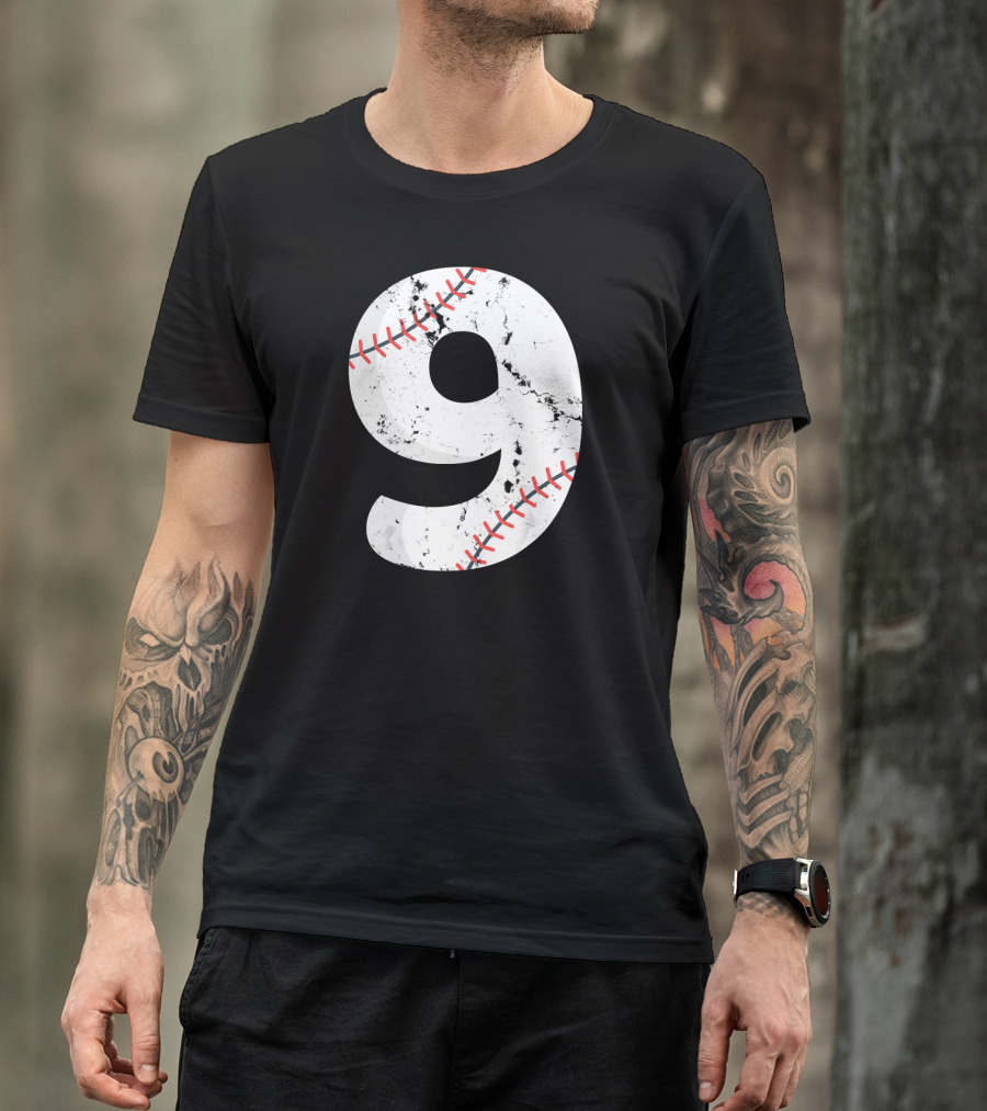 Number 9 Baseball Vintage Distressed Team Crackle Stitch T-Shirt