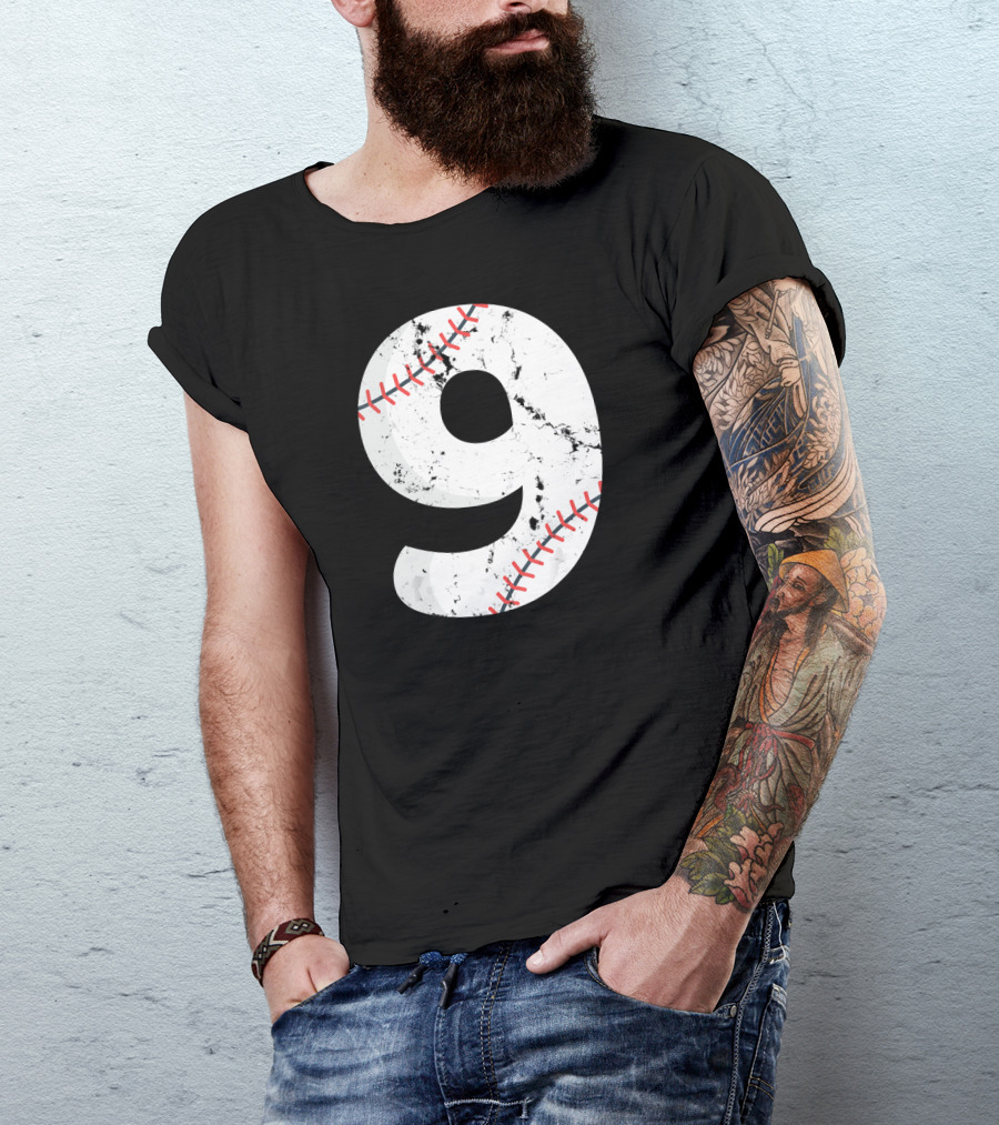 Number 9 Baseball Vintage Distressed Team Crackle Stitch T-Shirt