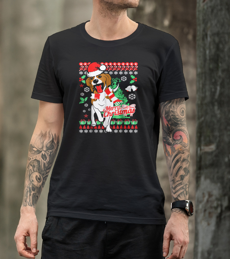 Merry Christmas Beagle Dog Santa Hat And Scarf Snowflakes Holiday T-Shirt