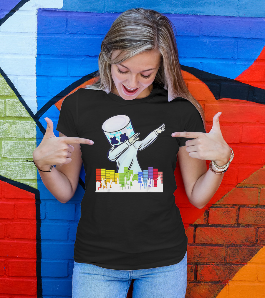 All I Want For Christmas Is Marshmallow Dan Dabbing With Colorful Music Wave Background T-Shirt