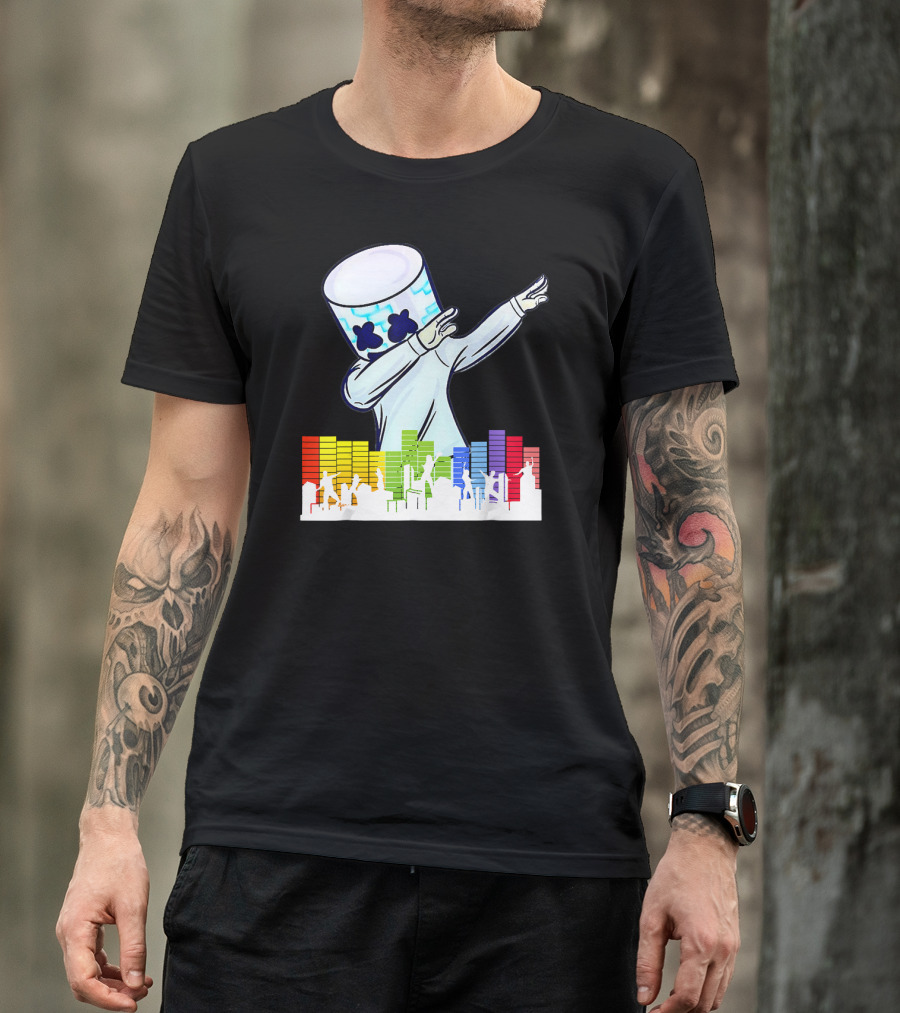 All I Want For Christmas Is Marshmallow Dan Dabbing With Colorful Music Wave Background T-Shirt