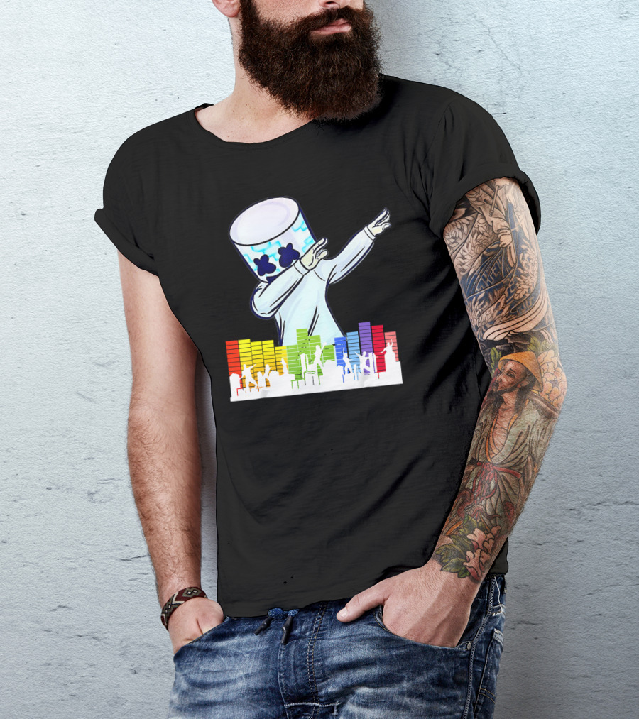 All I Want For Christmas Is Marshmallow Dan Dabbing With Colorful Music Wave Background T-Shirt