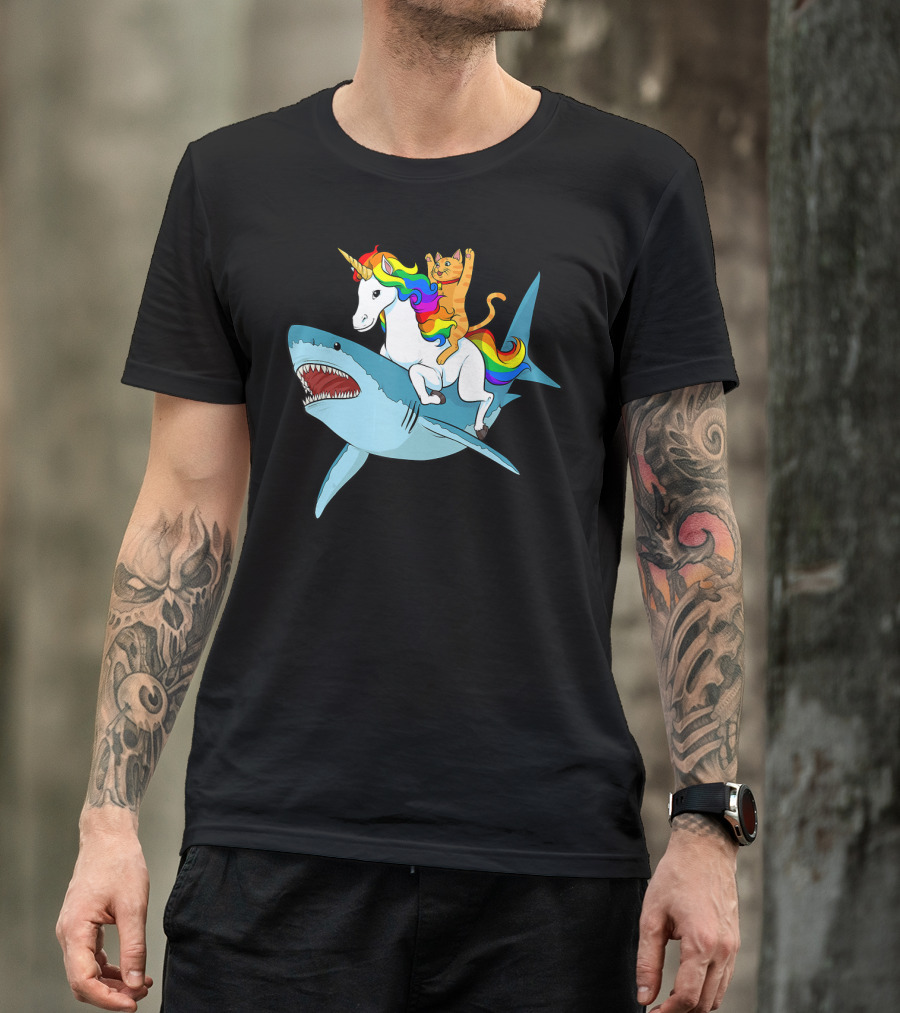 Cat On Rainbow Unicorn Riding Shark Adventure T-Shirt
