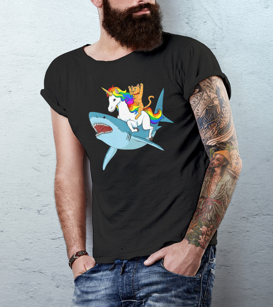 Cat On Rainbow Unicorn Riding Shark Adventure T-Shirt