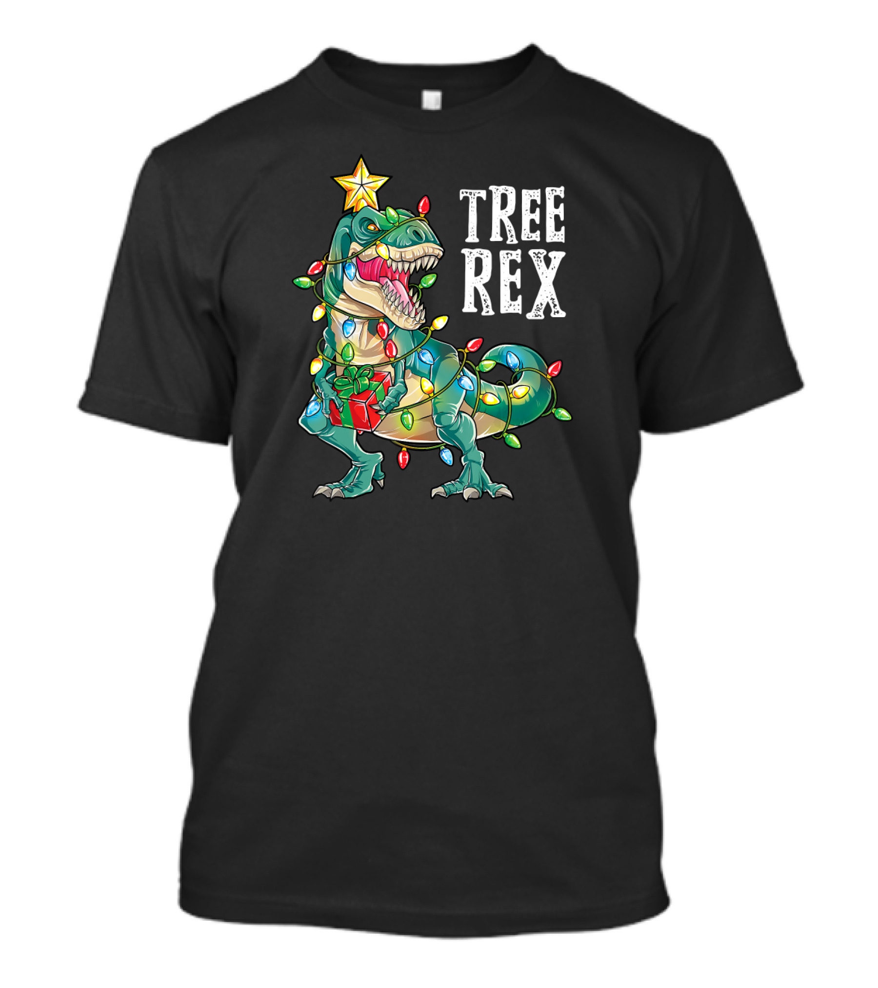 Christmas Dinosaur Tree Rex Lights Star Men Boy T-Shirt