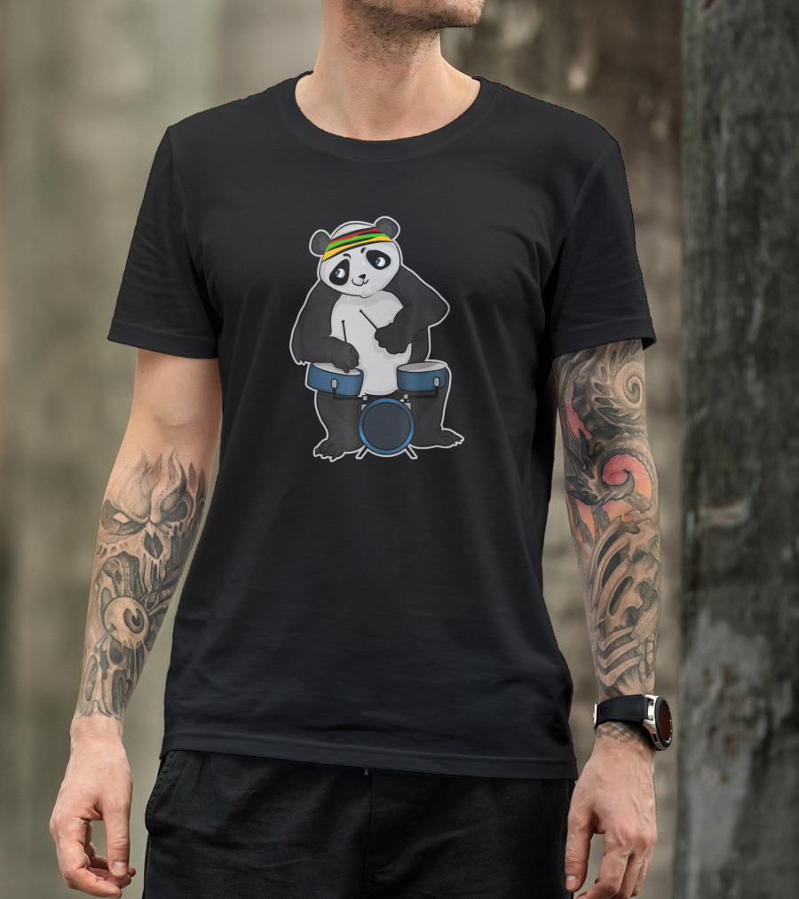 Panda Drummer Animal Drum Band Musician With Headband Playing Drums T-Shirt