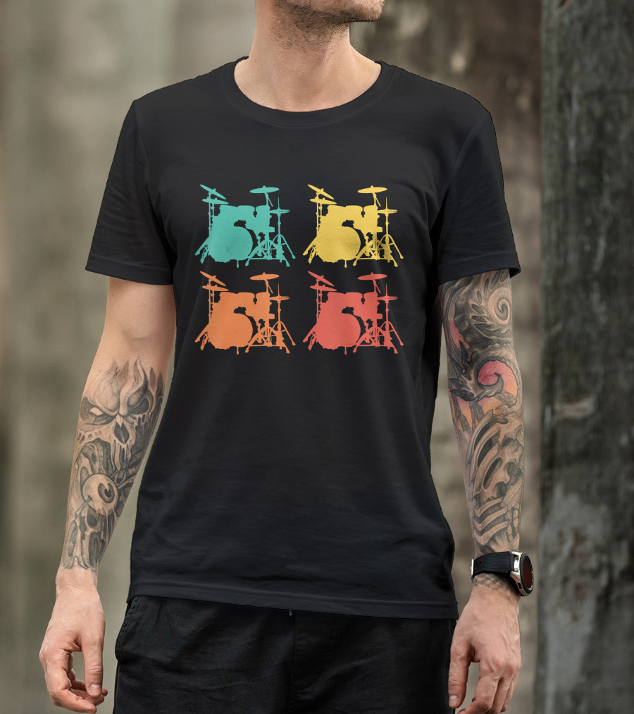 Retro Drums Musician Drum Instrument Silhouette Multicolor T-Shirt