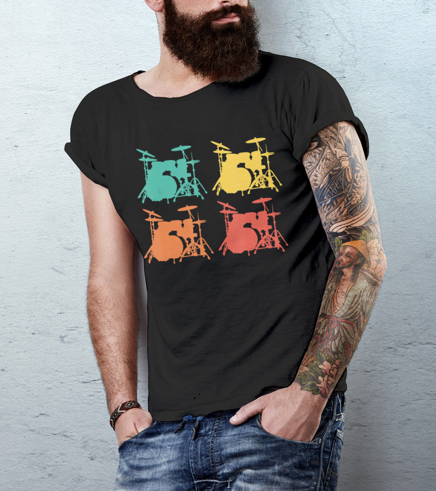 Retro Drums Musician Drum Instrument Silhouette Multicolor T-Shirt