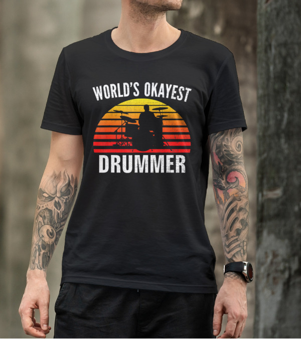 World's Okayest Drummer Vintage Silhouette With Sunset Stripes T-Shirt