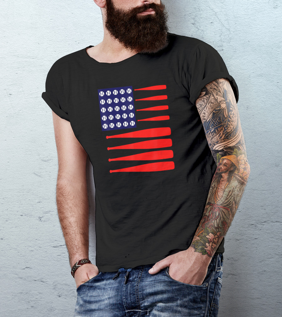 USA Flag Baseball Bats 4th July Patriotic T-Shirt