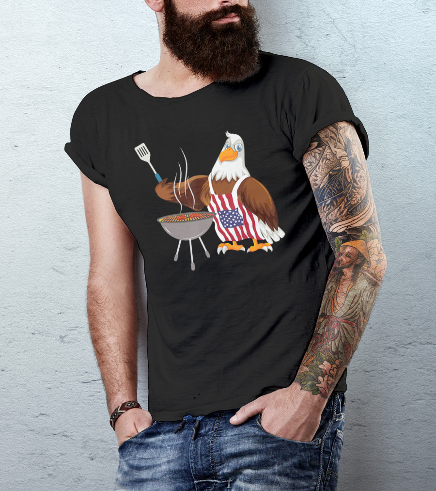4th Of July Bald Eagle Grilling BBQ Barbecue With American Flag Apron T-Shirt