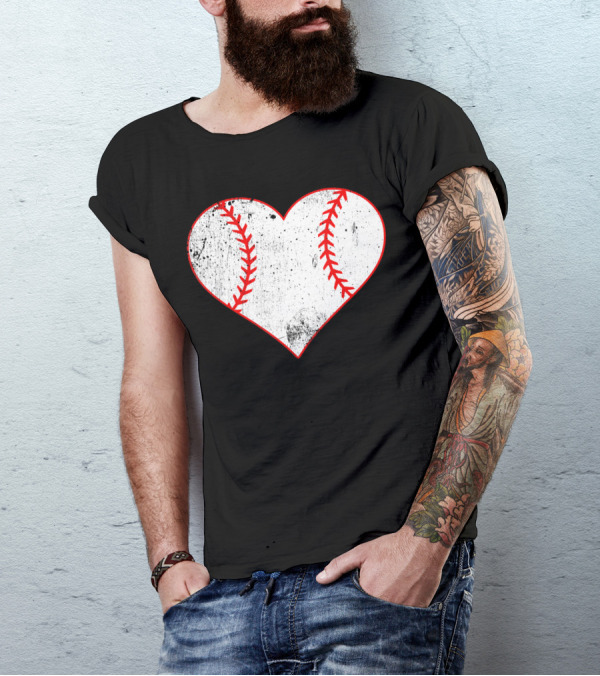 Baseball Distressed Heart Ball Red Stitching T-Shirt