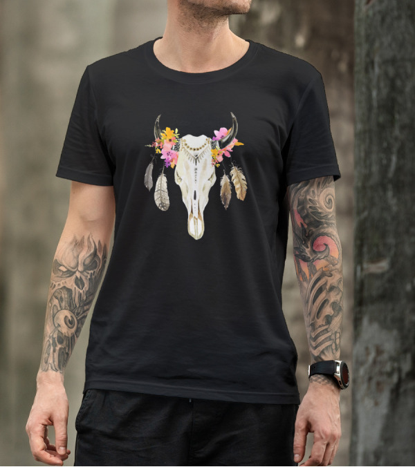 Free Spirit Cow Skull With Flowers And Feathers T-Shirt