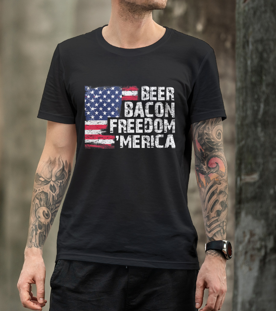 Beer Bacon Freedom 'Merica American Flag Patriotic T-Shirt
