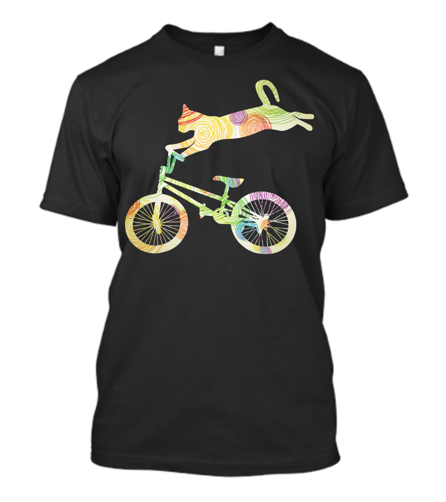 Cat Performing Stunt On Bicycle With Colorful Swirl T-Shirt