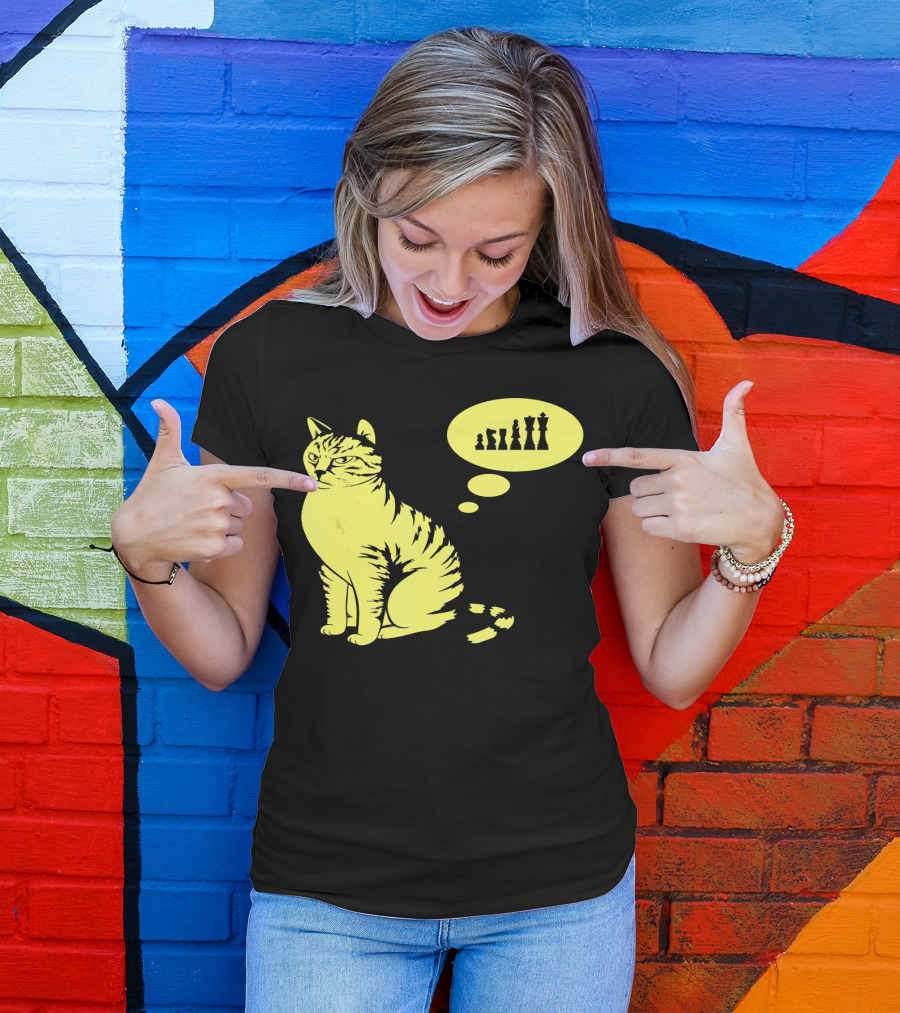 Cat Lover Chess-Playing Cat In Deep Thought With Chess Pieces T-Shirt