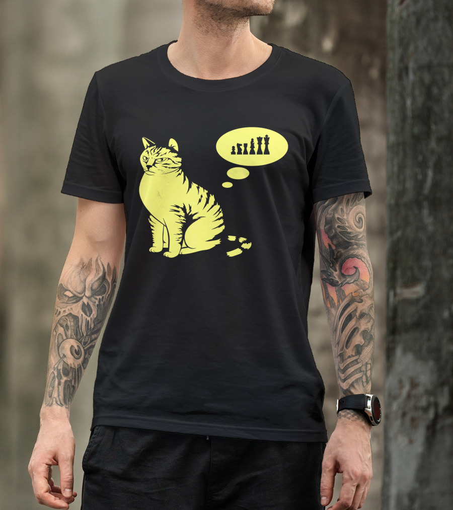 Cat Lover Chess-Playing Cat In Deep Thought With Chess Pieces T-Shirt
