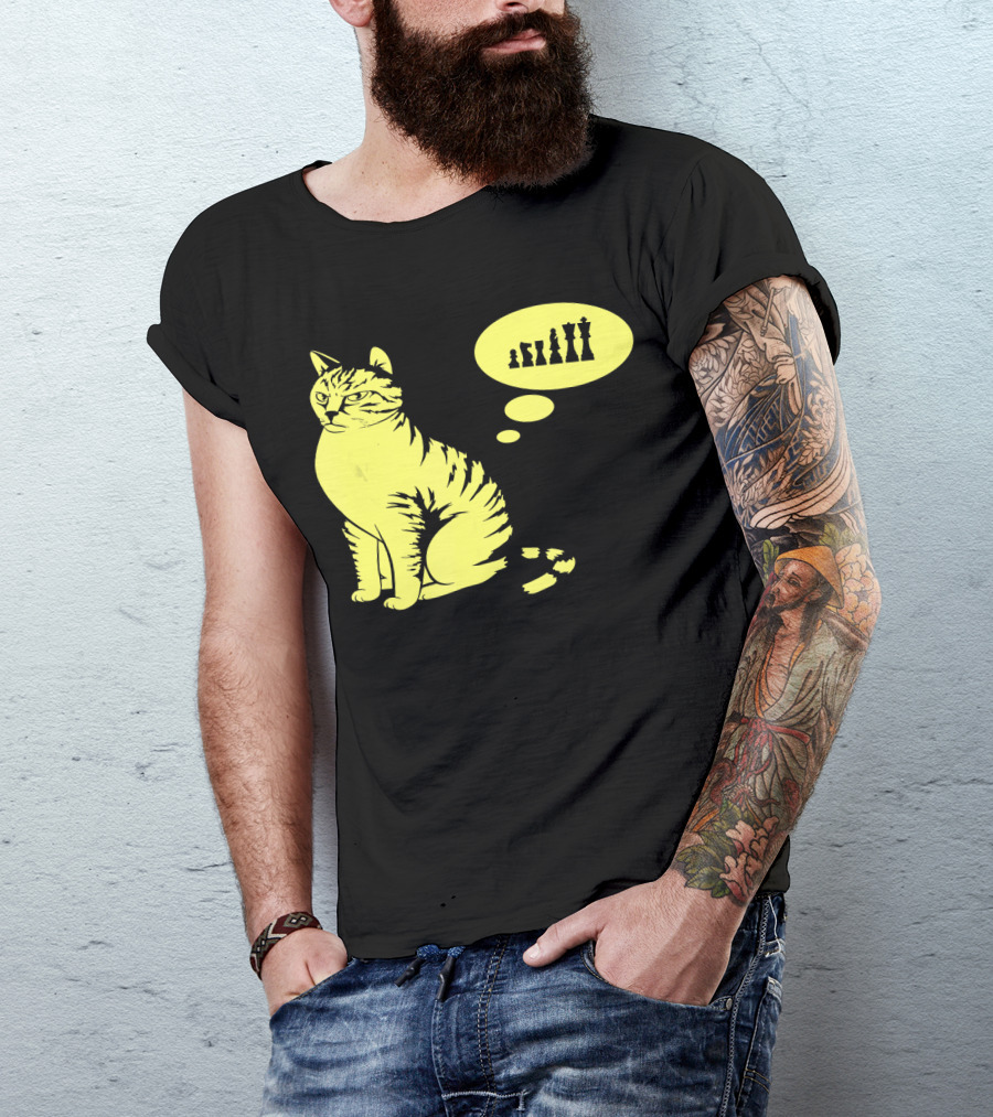 Cat Lover Chess-Playing Cat In Deep Thought With Chess Pieces T-Shirt