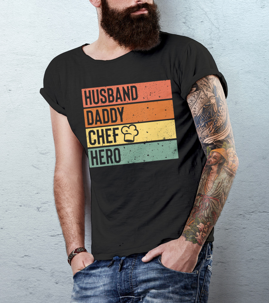 Husband Daddy Chef Hero Vintage Stripes With Chef Hat T-Shirt