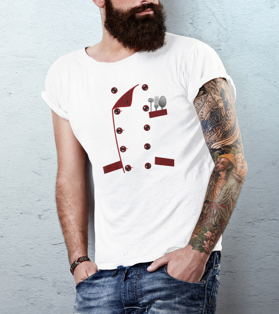 Chef Cook Funny Foodie Faux Uniform Red Buttons Pocket Cutlery T-Shirt