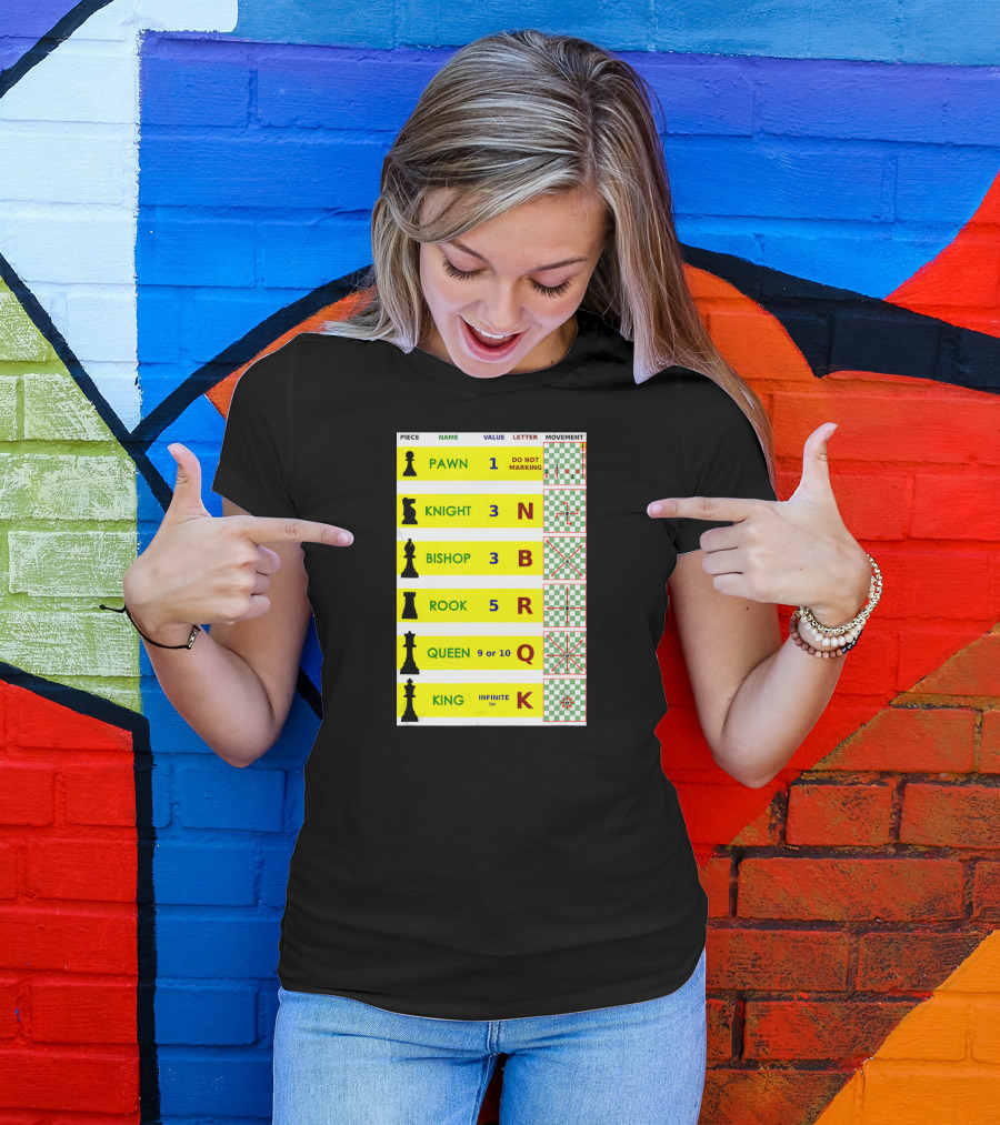 Chess Piece Guide Funny Board Game Player Pawn Knight Bishop Rook Queen King Movement Chart T-Shirt