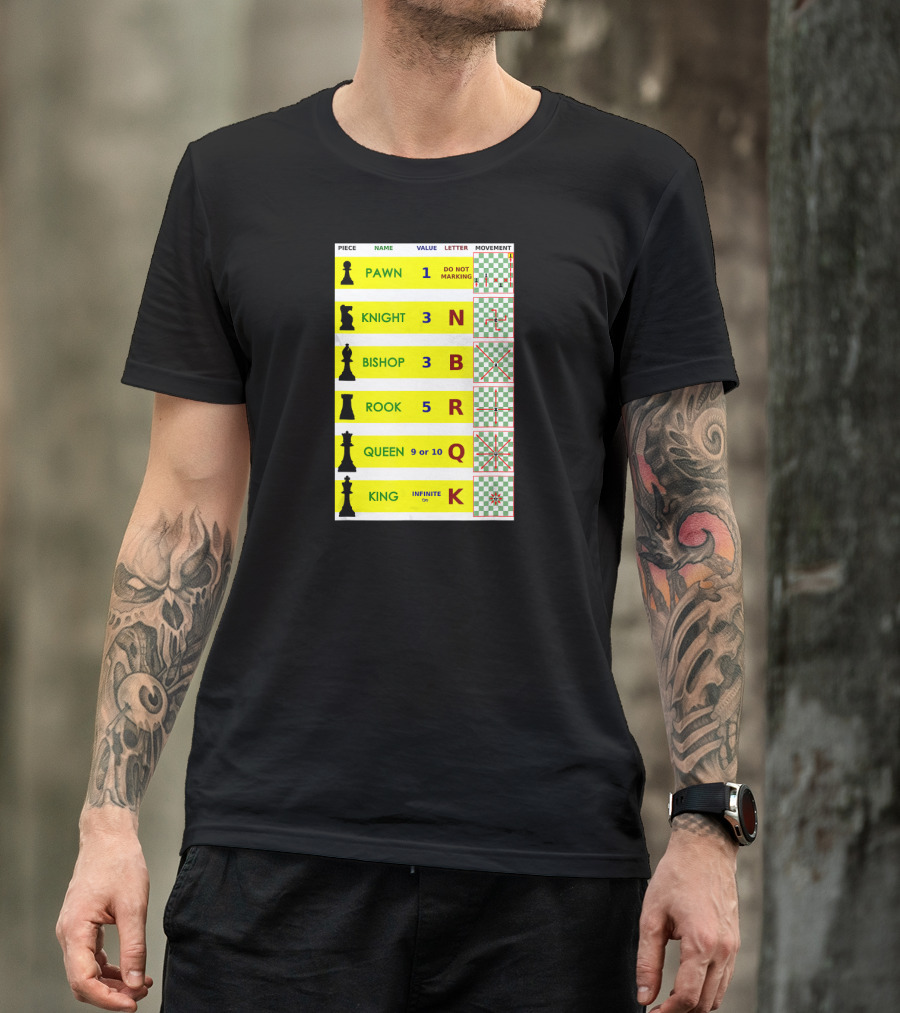 Chess Piece Guide Funny Board Game Player Pawn Knight Bishop Rook Queen King Movement Chart T-Shirt