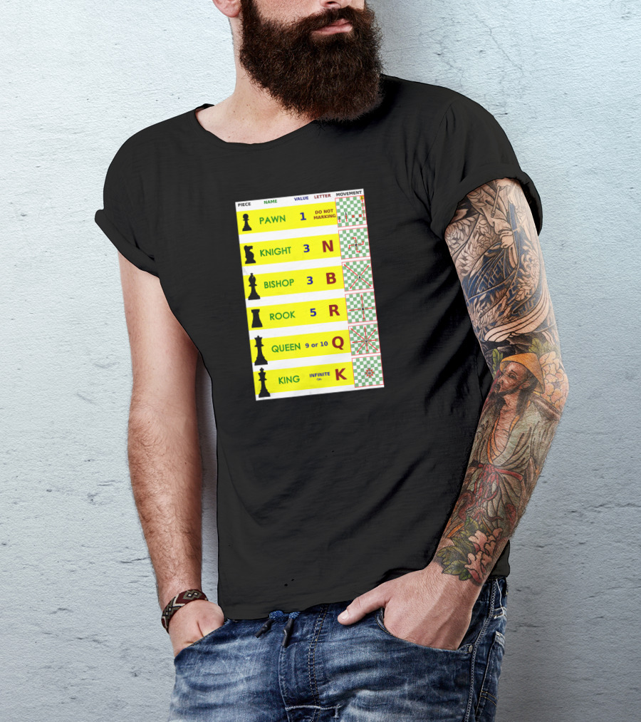 Chess Piece Guide Funny Board Game Player Pawn Knight Bishop Rook Queen King Movement Chart T-Shirt