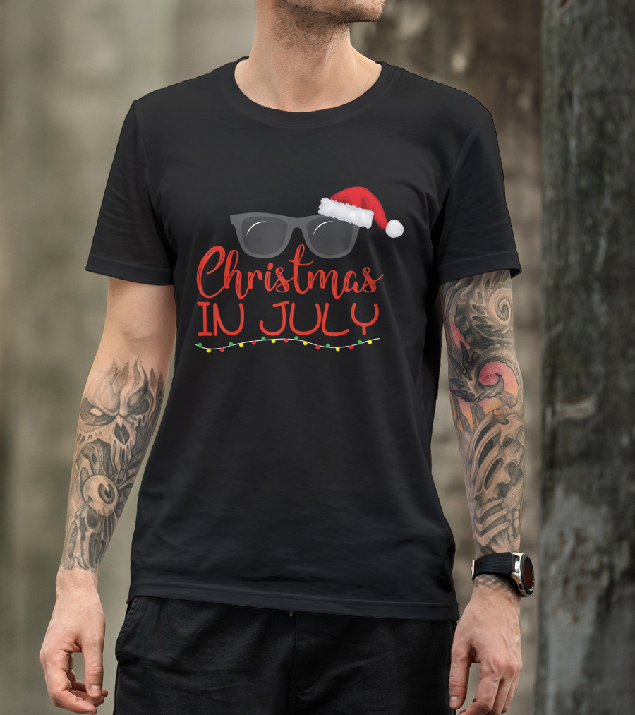 Christmas In July Santa Claus Hat Sunglasses Holiday T-Shirt