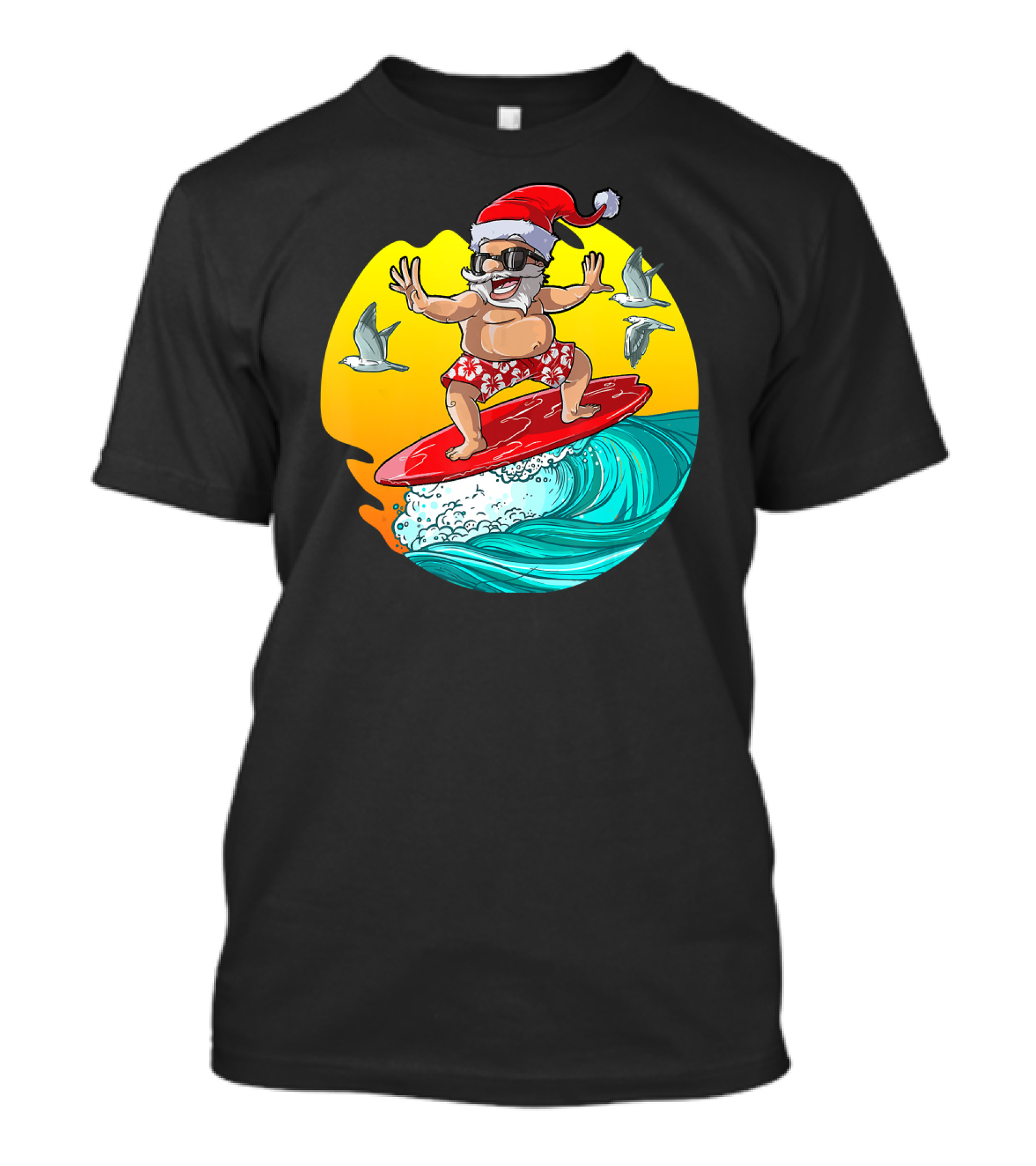 Christmas In July Santa Surfing Hawaiian Waves Ensemble T-Shirt