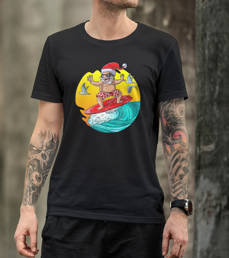 Christmas In July Santa Surfing Hawaiian Waves Ensemble T-Shirt
