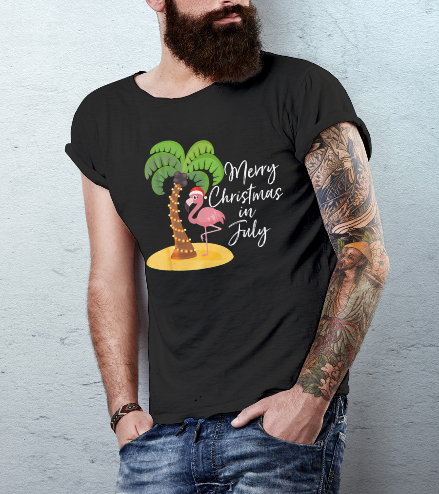 Merry Christmas In July Funny Flamingo With Palm Tree T-Shirt