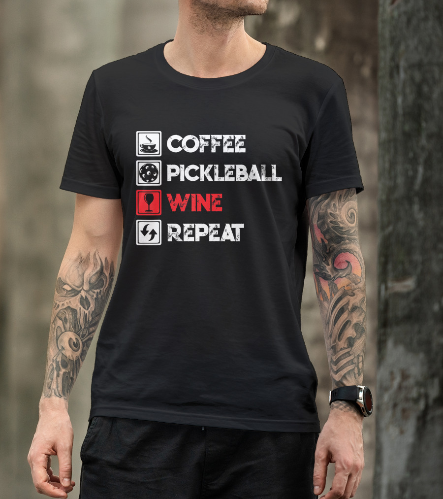 Coffee Pickleball Wine Repeat Icons T-Shirt