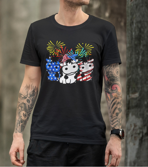 Cow American Flag Colors Firework Cow Trio T-Shirt