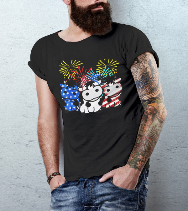 Cow American Flag Colors Firework Cow Trio T-Shirt