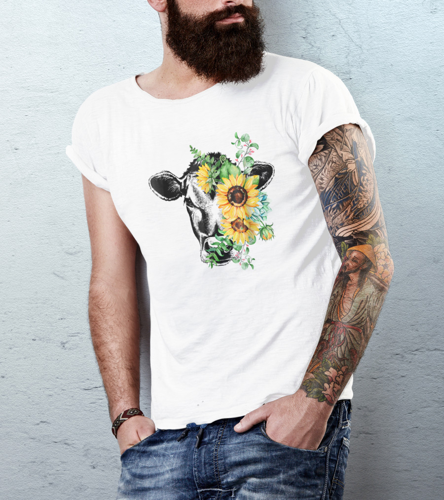 Cow Sunflower Cow Lover Floral T-Shirt