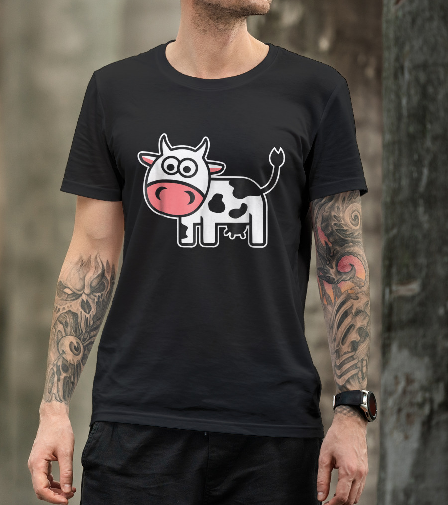 Cute Comic Cow Cartoon With Big Eyes And Spotted T-Shirt