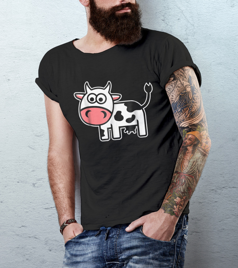 Cute Comic Cow Cartoon With Big Eyes And Spotted T-Shirt