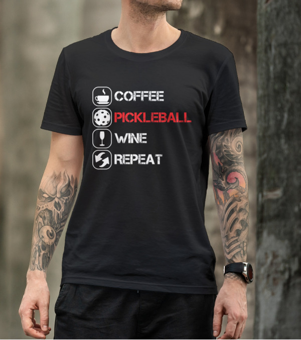 Coffee Pickleball Wine Repeat Distressed Text Icons T-Shirt