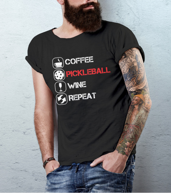 Coffee Pickleball Wine Repeat Distressed Text Icons T-Shirt