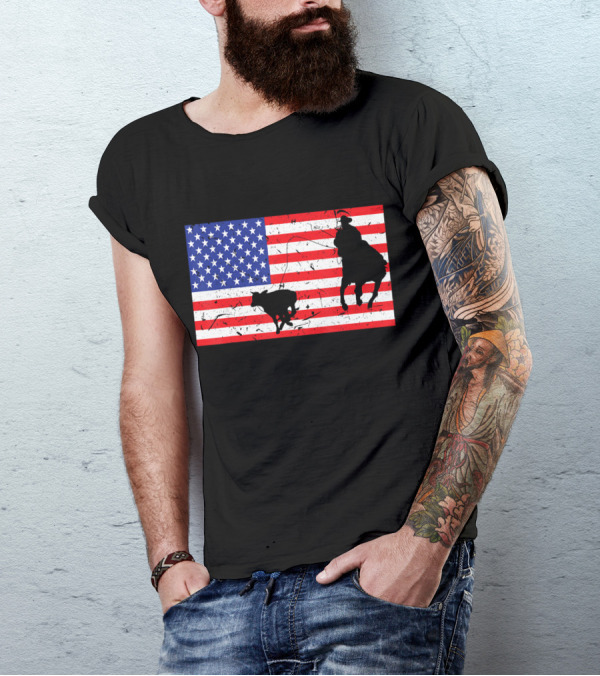 Distressed USA American Flag Roping Cowboy And Bull T-Shirt