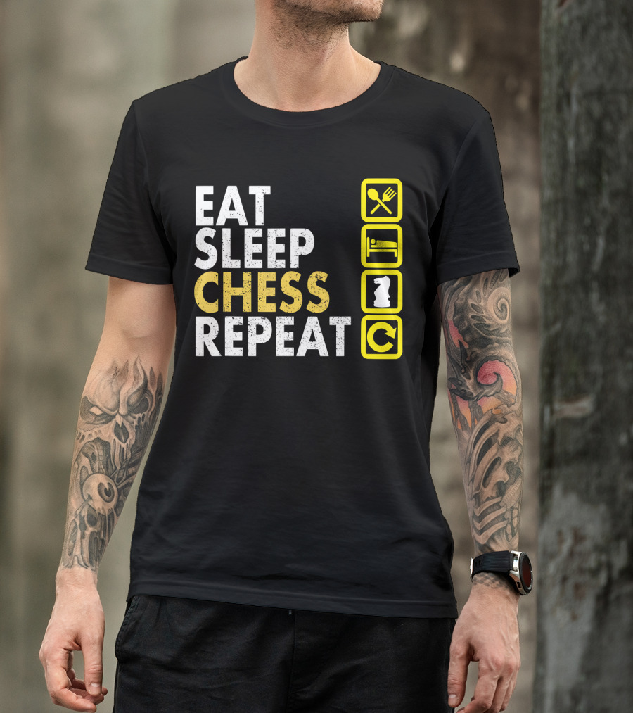Eat Sleep Chess Repeat Board Game Icons With Spoon Fork Bed Knight Cycle T-Shirt