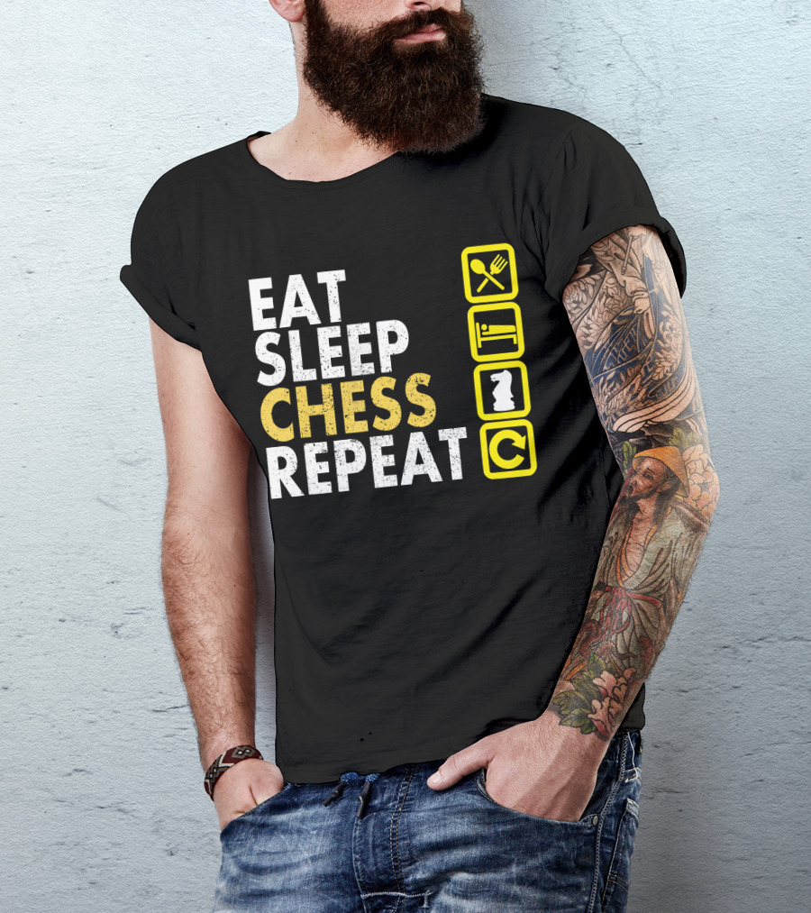 Eat Sleep Chess Repeat Board Game Icons With Spoon Fork Bed Knight Cycle T-Shirt