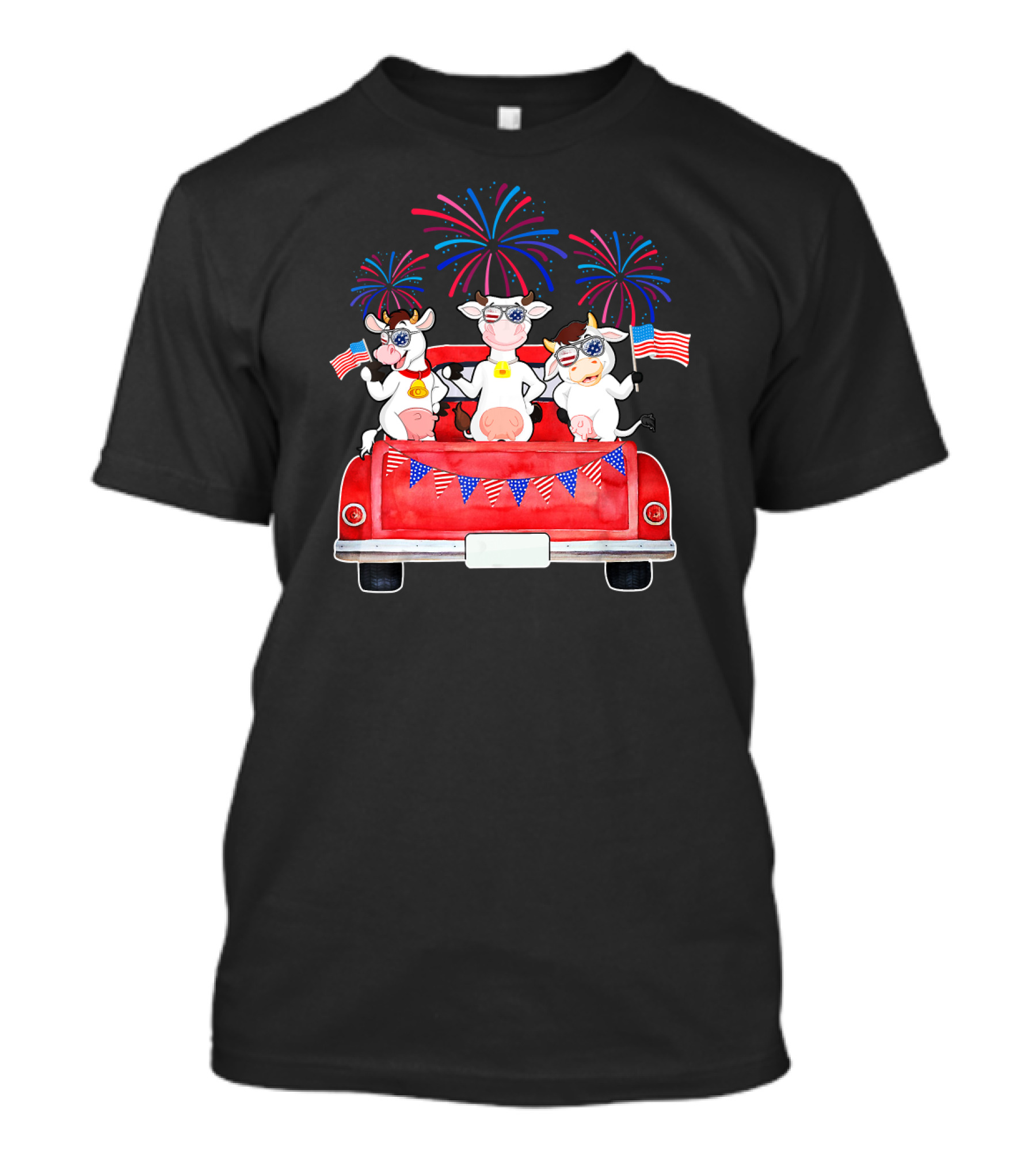 Funny Cows Fireworks American Flag Truck T-Shirt