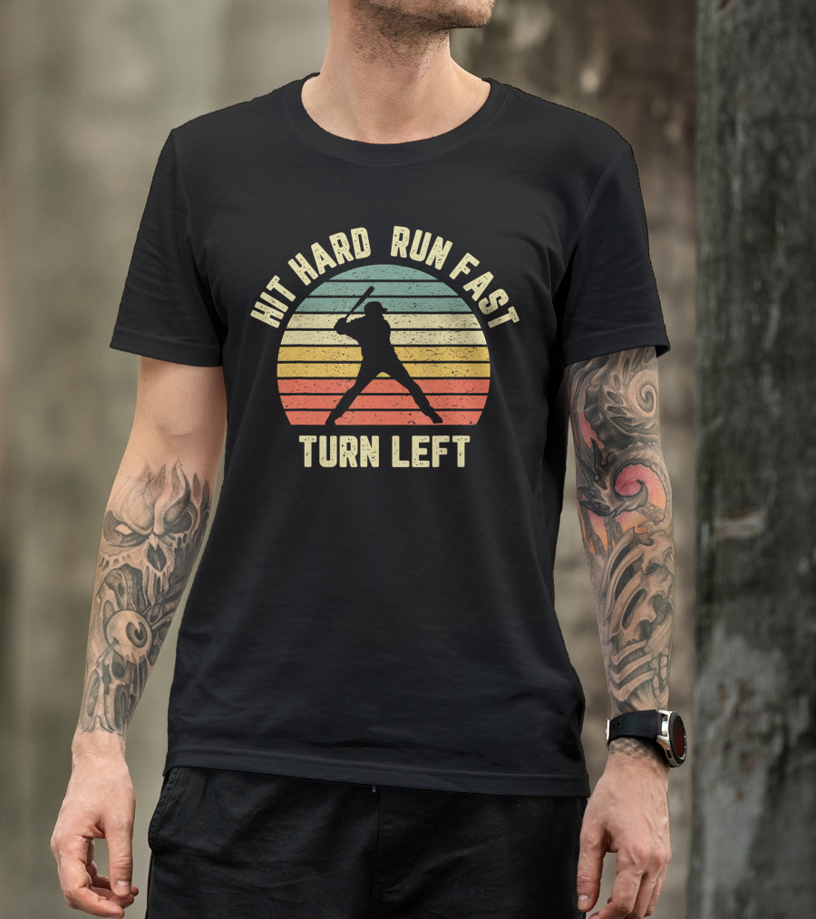 Hit Hard Run Fast Turn Left Vintage Baseball Player Retro Stripes T-Shirt