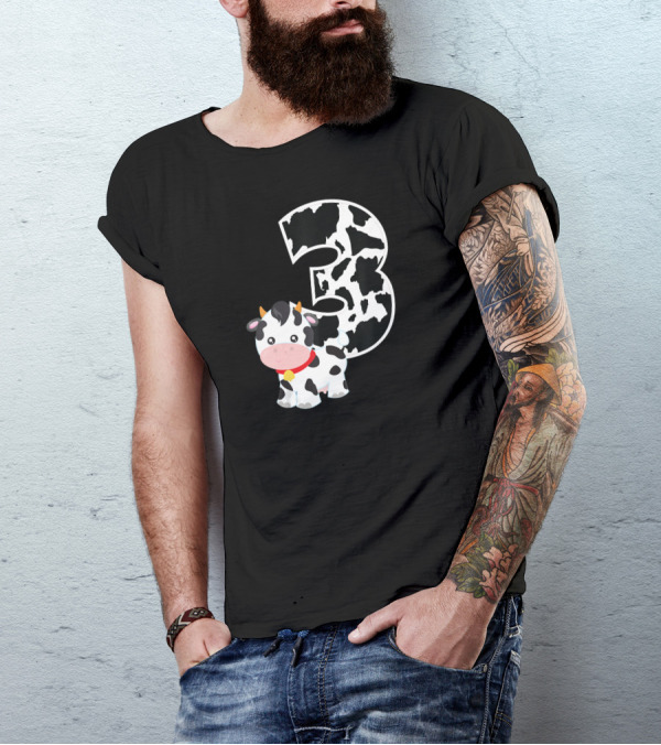I'm Three Age 3 Cow Farm Theme Birthday Cow And Black And White Cow Print Three T-Shirt