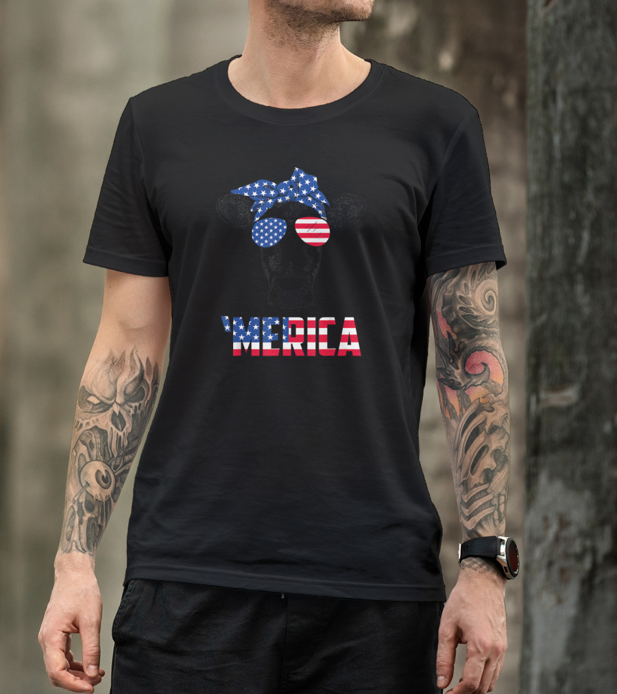 'Merica Heifer Patriotic Cow With American Flag Shades 4th Of July T-Shirt