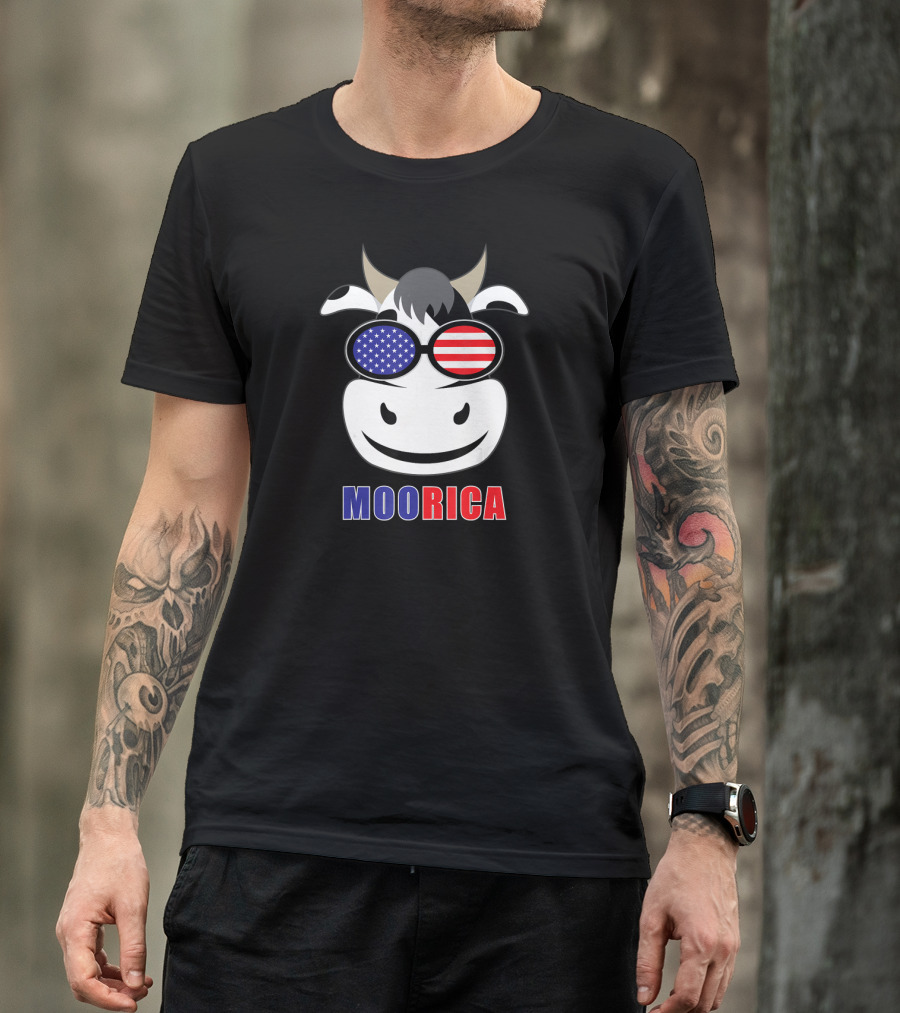 Moorica Patriotic Cow With USA Flag Glasses Merica Heifer US T-Shirt