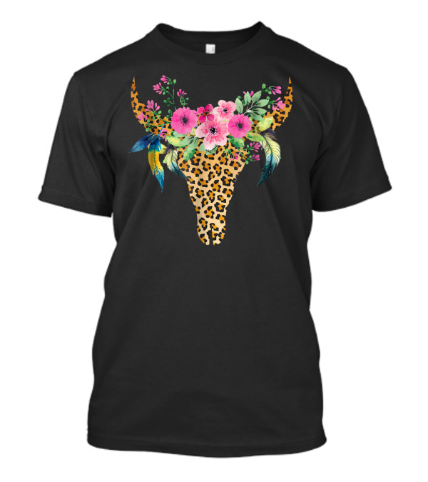 Mother's Day Floral Cow Skull With Leopard Print And Feathers T-Shirt